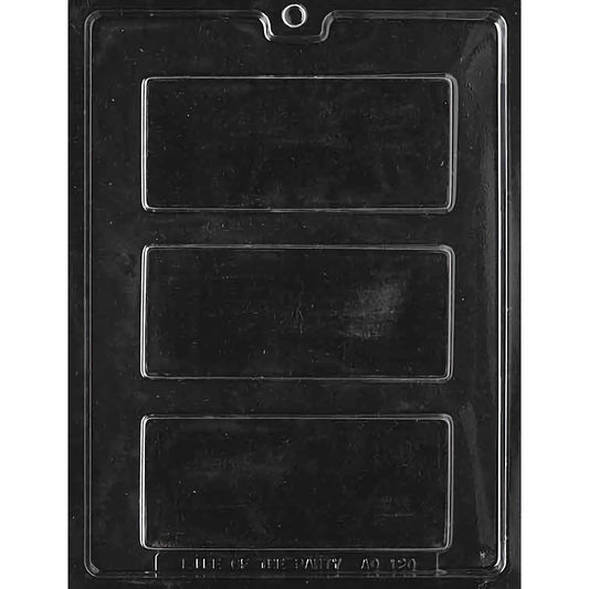 Clear plastic chocolate mold designed for making large rectangular candy bars, featuring three compartments arranged vertically. Each compartment is a simple, smooth rectangle, perfect for creating uniform and sizeable chocolate bars. The mold is set against a black background to highlight its clear, glossy finish. Ideal for crafting homemade candy bars or customized chocolate treats.