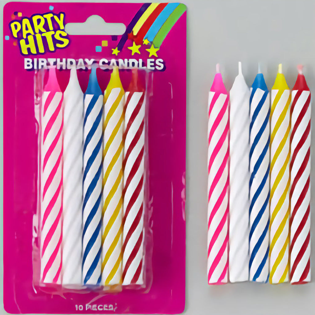 Pack of 10 large striped birthday candles in pink, white, blue, yellow, and red with vibrant packaging.