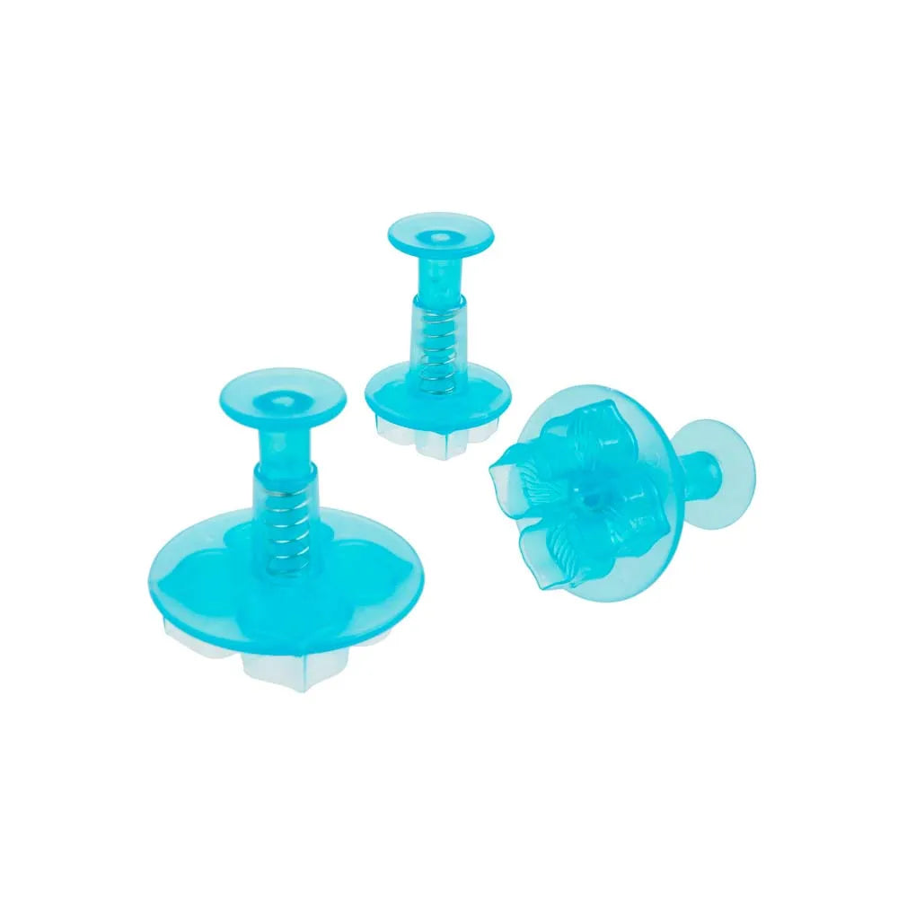 Set of three blue laurustinus-shaped plunger cutters with spring-loaded handles, displayed in different sizes.