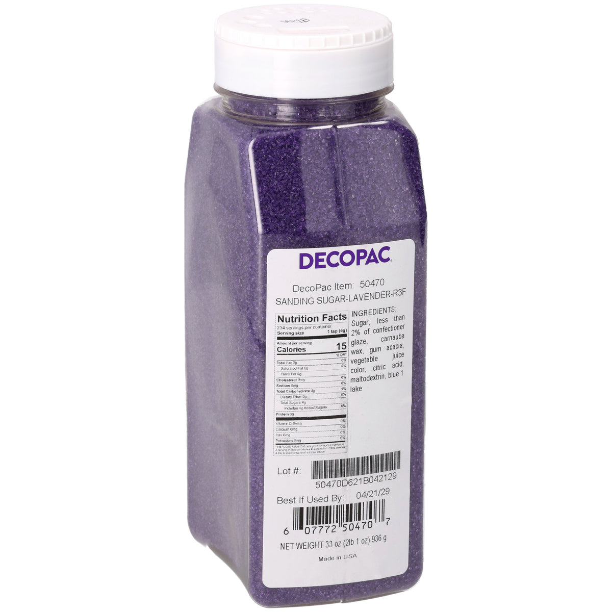 DecoPac Lavender Sanding Sugar in a 33 oz clear plastic shaker container with white screw-on lid, filled with sparkling lavender purple sugar crystals, item #50470.