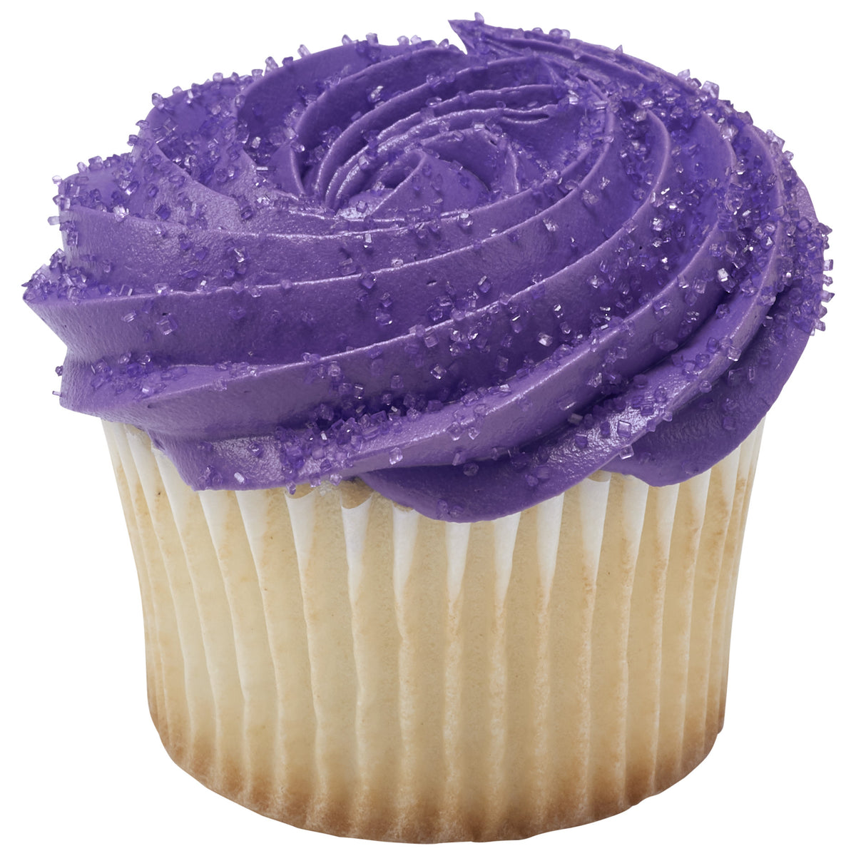 Vanilla cupcake in a white paper liner topped with a large swirl of lavender purple buttercream frosting sprinkled with sparkling purple sanding sugar crystals.