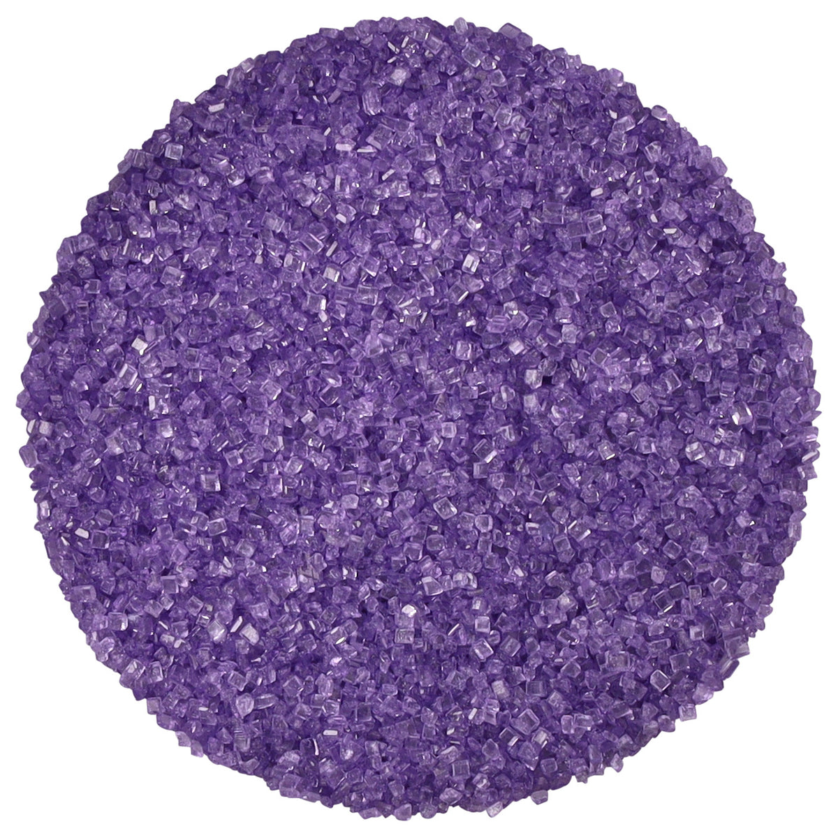 Close-up of lavender purple sanding sugar showing coarse, translucent purple sugar crystals with a sparkling, faceted texture against a white background.