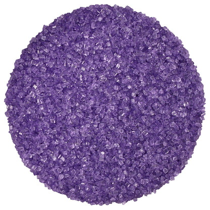 Close-up of lavender purple sanding sugar showing coarse, translucent purple sugar crystals with a sparkling, faceted texture against a white background.