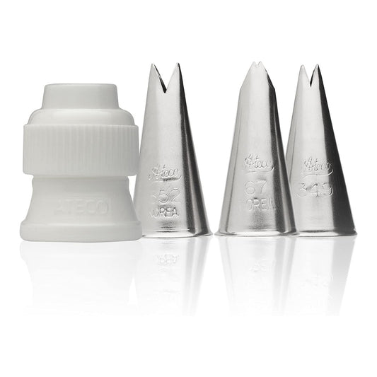 Ateco 382 Leaf Piping Tip Set – 4-piece stainless steel set featuring tips 67, 349, and 352, plus a standard coupler for seamless cake decorating.