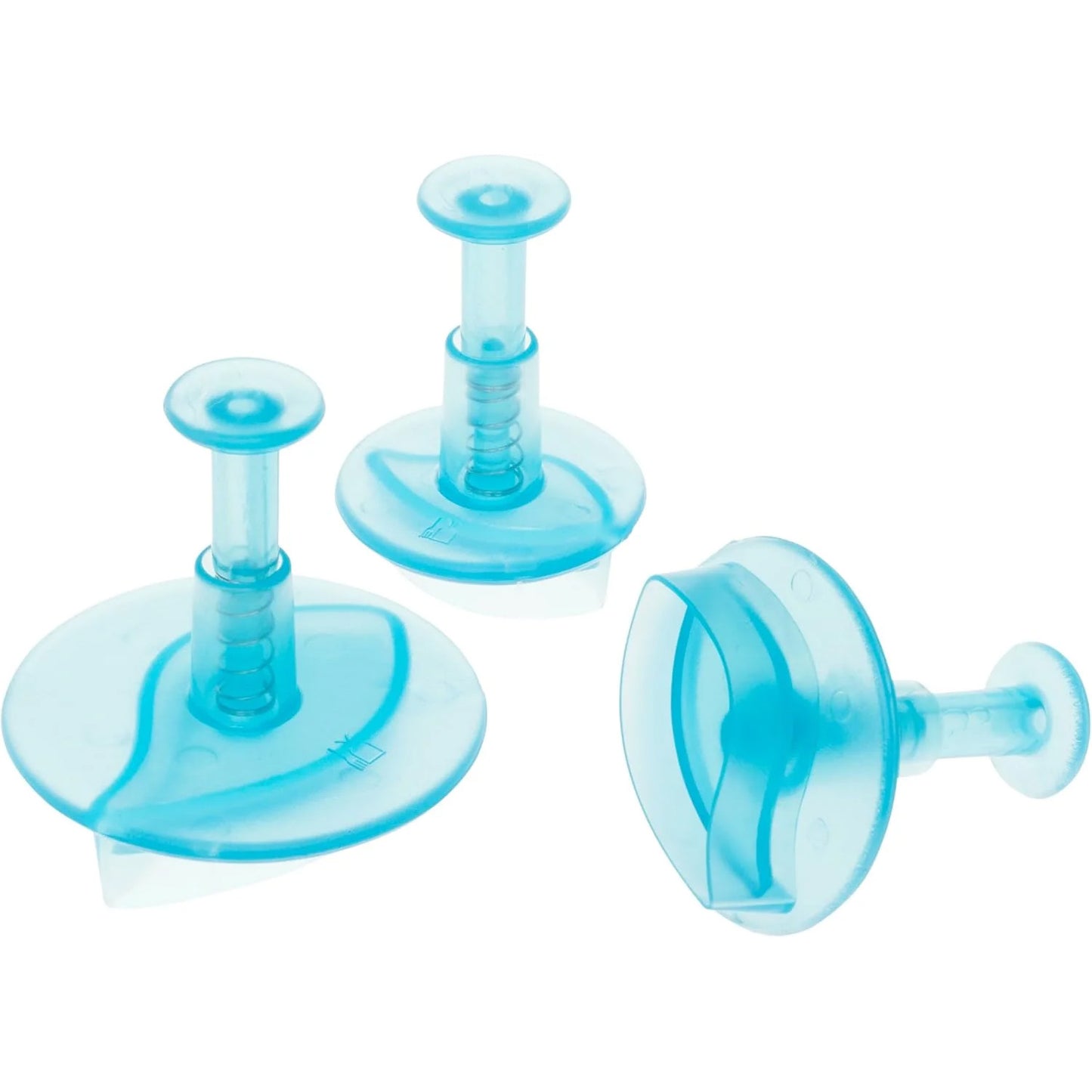 Three blue plastic leaf-shaped plunger cutters in different sizes, shown on a white background with spring-loaded plungers and clear cutting edges.