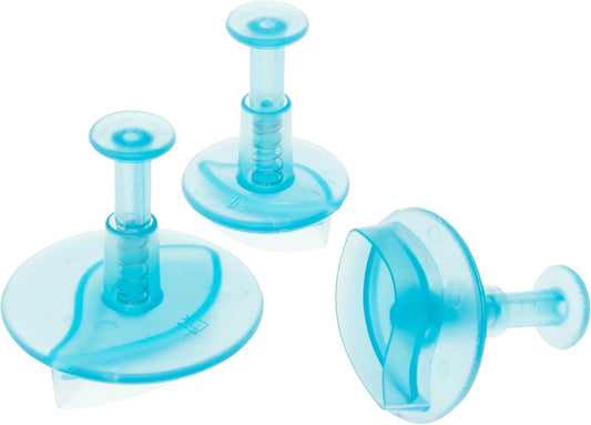 Set of three blue leaf-shaped plunger cutters with spring-loaded handles, shown in different sizes.