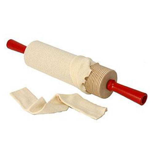 Lefse rolling pin covers wrapped around a red-handled rolling pin, with two extra cloth covers displayed on a white background.