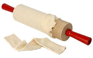 Set of 2 cotton rolling pin covers fitted on a textured lefse rolling pin with red handles, used to prevent sticking while rolling lefse dough.