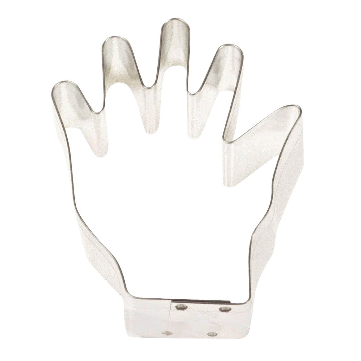 Hand-shaped metal cookie cutter with five rounded fingers and a straight wrist edge, shown on a white background.