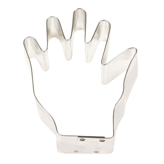 Hand-shaped metal cookie cutter with five rounded fingers and a straight wrist edge, shown on a white background.