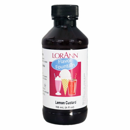 LorAnn Lemon Custard Flavor Fountain bottle with illustrated label of ice cream and shakes, used to flavor frozen desserts with citrus and creamy custard notes