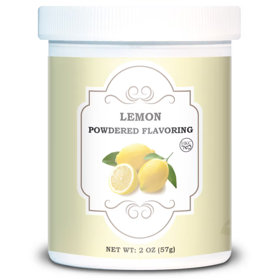 White 2 oz jar of lemon powdered flavoring with a pale yellow label illustrated with whole and sliced lemons and green leaves.