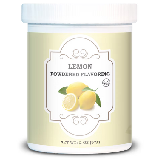 White 2 oz jar of lemon powdered flavoring with a pale yellow label illustrated with whole and sliced lemons and green leaves.