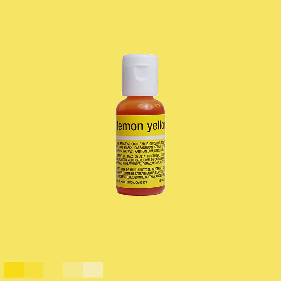 This is a bottle with a lemon-yellow gel, and the label reads "lemon yellow" in white text. The white cap contrasts with the yellow gel, and the label lists ingredients and details in white text.