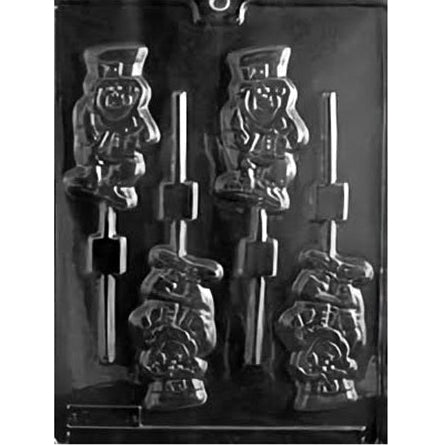 This mold is themed for St. Patrick's Day, featuring detailed cavities shaped like jovial leprechauns with characteristic hats and beards. The design includes space for inserting lollipop sticks, making it perfect for creating festive chocolate lollipops that celebrate Irish culture and folklore.