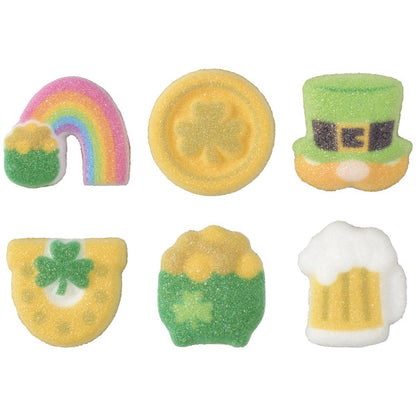 St. Patrick’s Day sugar decorations featuring rainbows, gold coins, leprechaun hats, horseshoes, beer mugs, and pots of gold, perfect for cupcakes and festive desserts.