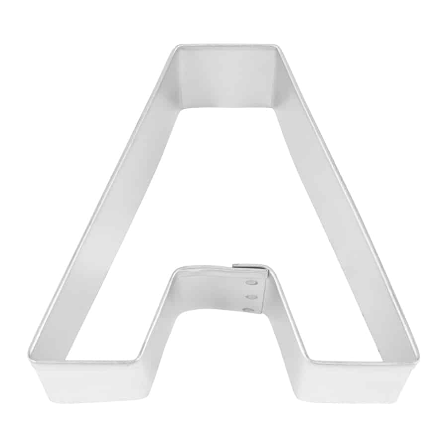 Close-up of a metal Letter 'A' cookie cutter with sturdy construction.