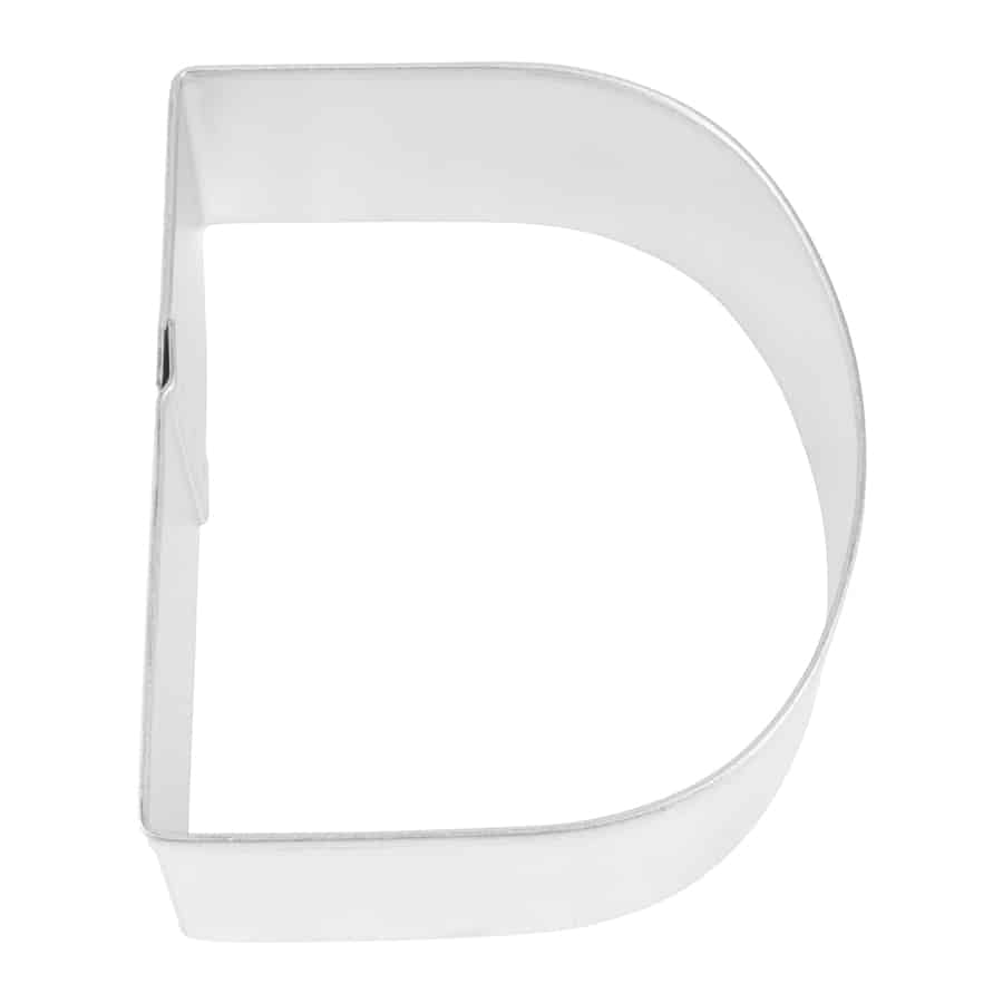 Close-up of a metal Letter 'D' cookie cutter with sturdy construction.