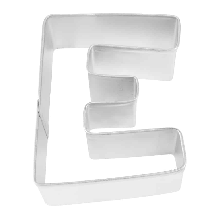 Close-up of a metal Letter 'E' cookie cutter with sturdy construction.