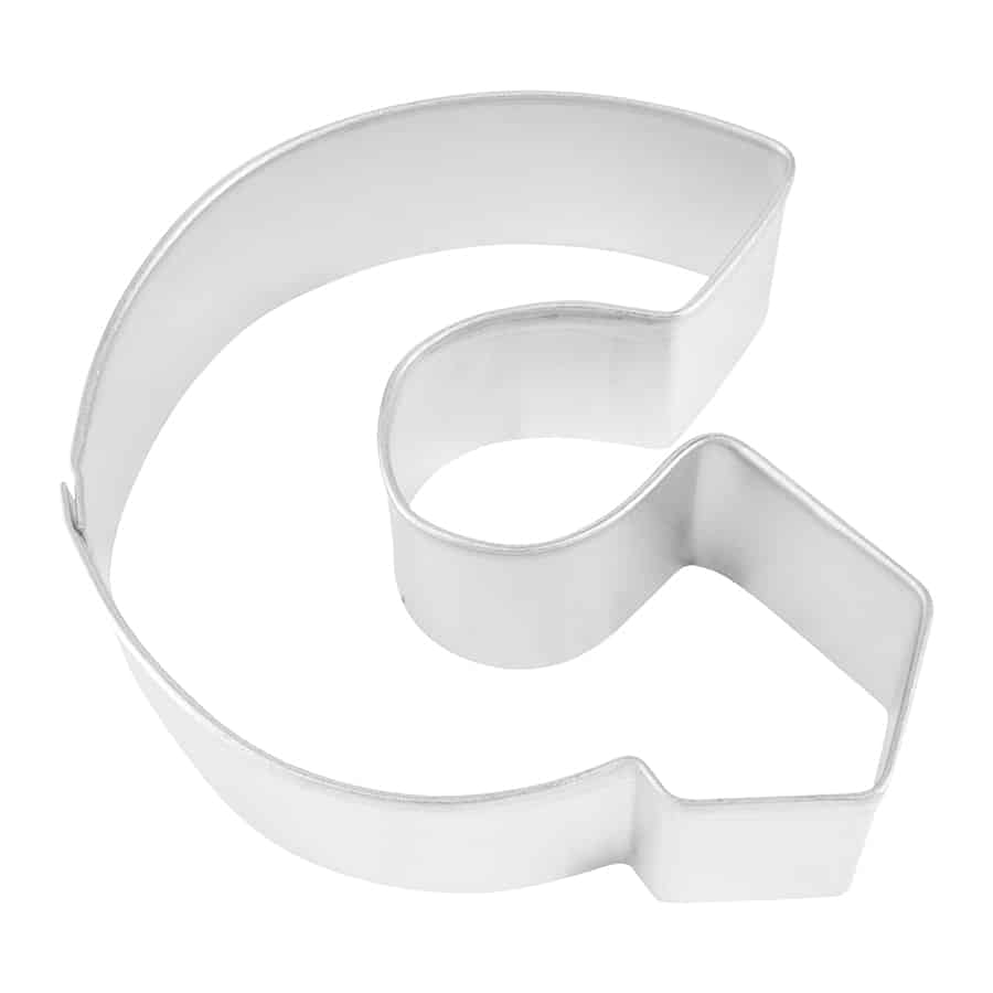 Close-up of a metal Letter 'G' cookie cutter with sturdy construction.