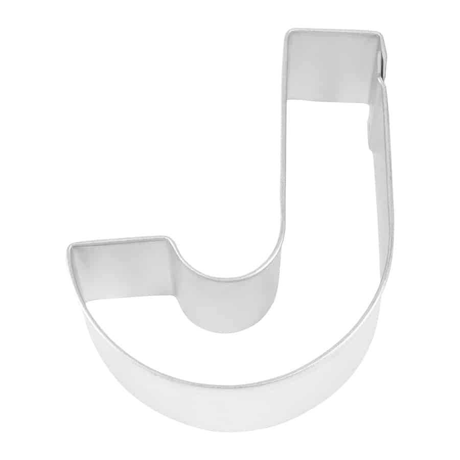 Close-up of a metal Letter 'J' cookie cutter with sturdy construction.