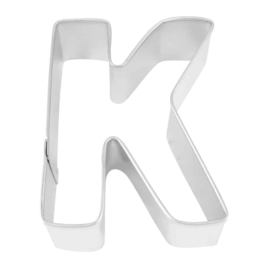 Close-up of a metal Letter 'K' cookie cutter with sturdy construction.