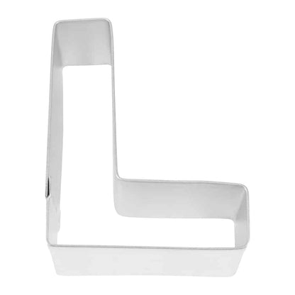 Close-up of a metal Letter 'L' cookie cutter with sturdy construction.