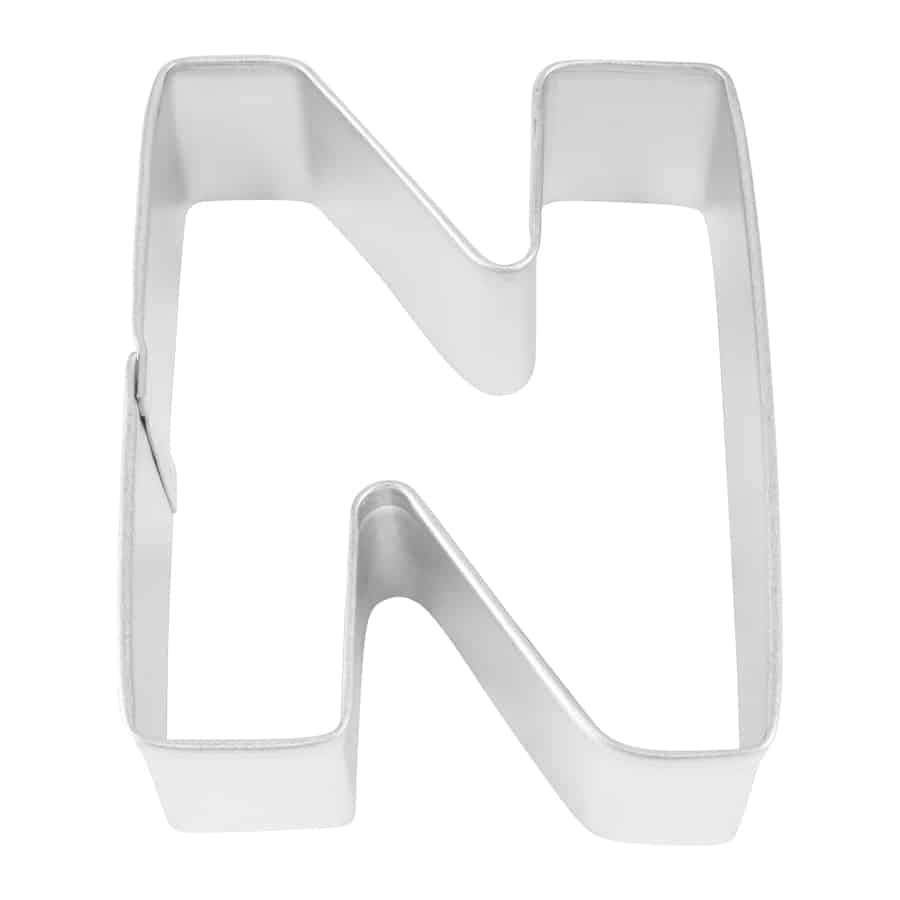 Close-up of a metal Letter 'N' cookie cutter with sturdy construction.