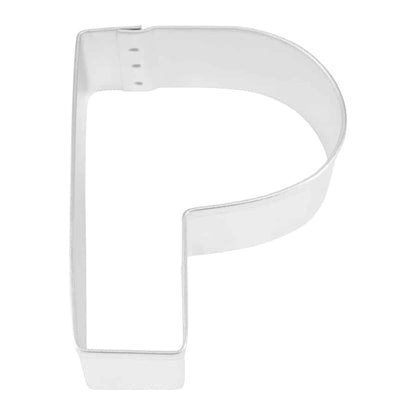 Close-up of a metal Letter 'P' cookie cutter with sturdy construction.