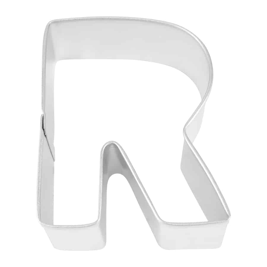 Close-up of a metal Letter 'R' cookie cutter with sturdy construction.