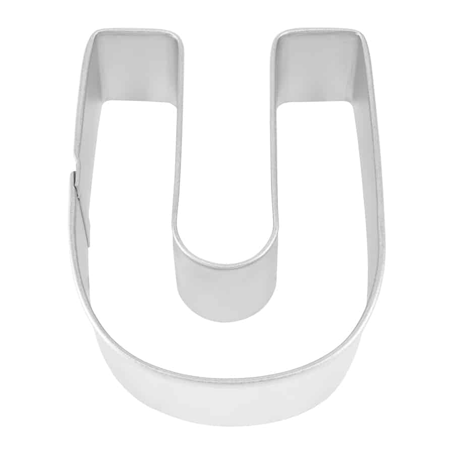 Close-up of a metal Letter 'U' cookie cutter with sturdy construction.