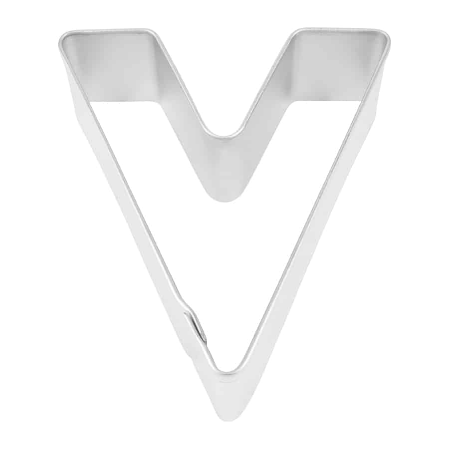 Close-up of a metal Letter 'V' cookie cutter with sturdy construction.