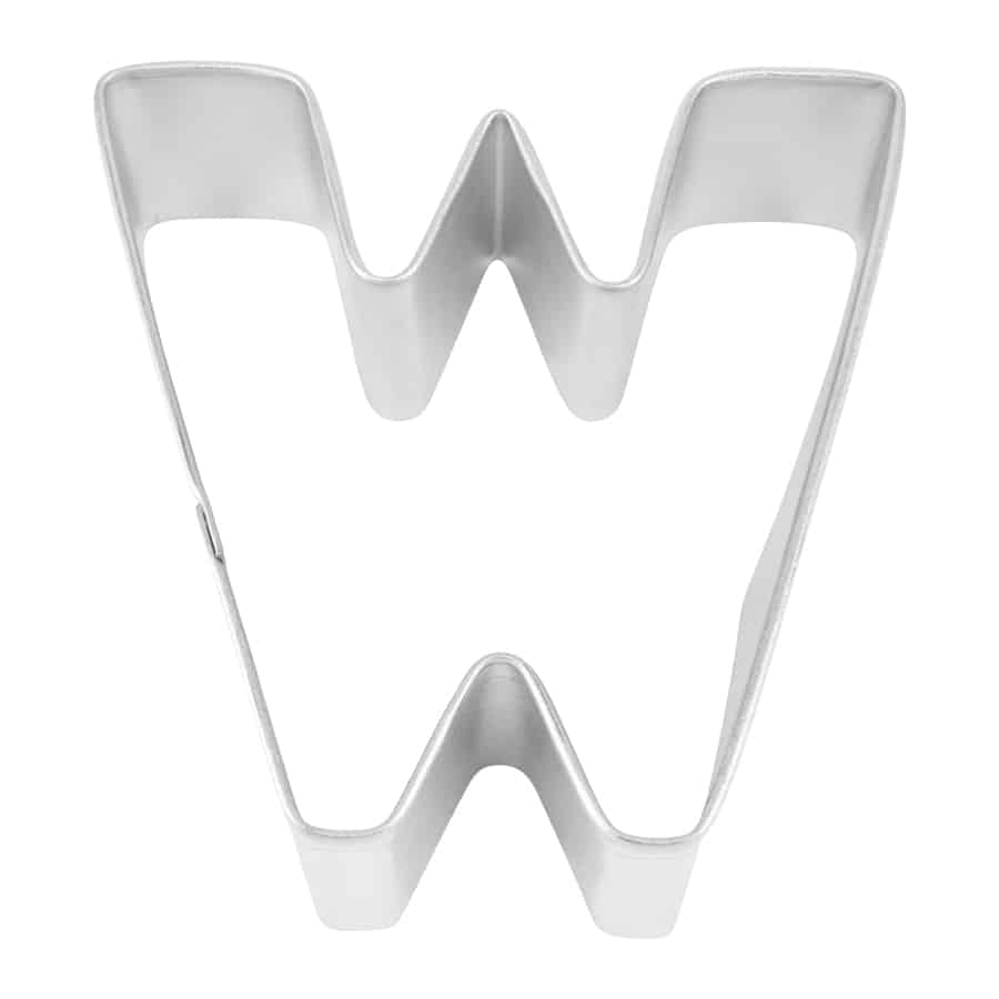 Close-up of a metal Letter 'W' cookie cutter with sturdy construction.