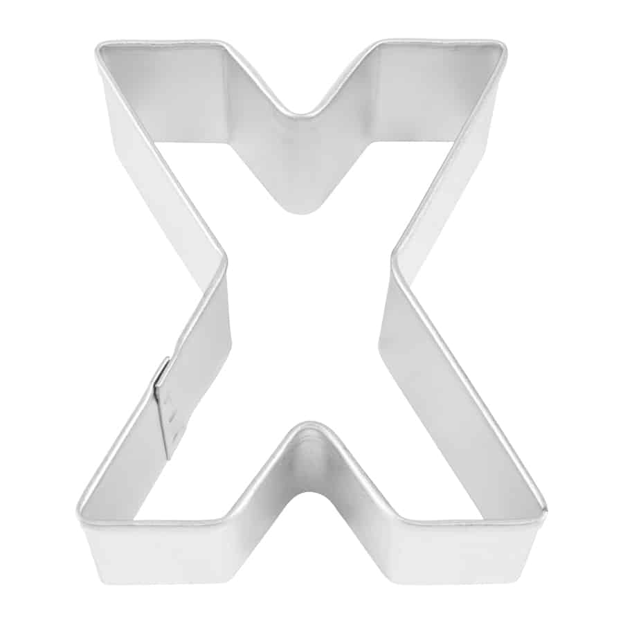 Close-up of a metal Letter 'X' cookie cutter with sturdy construction.