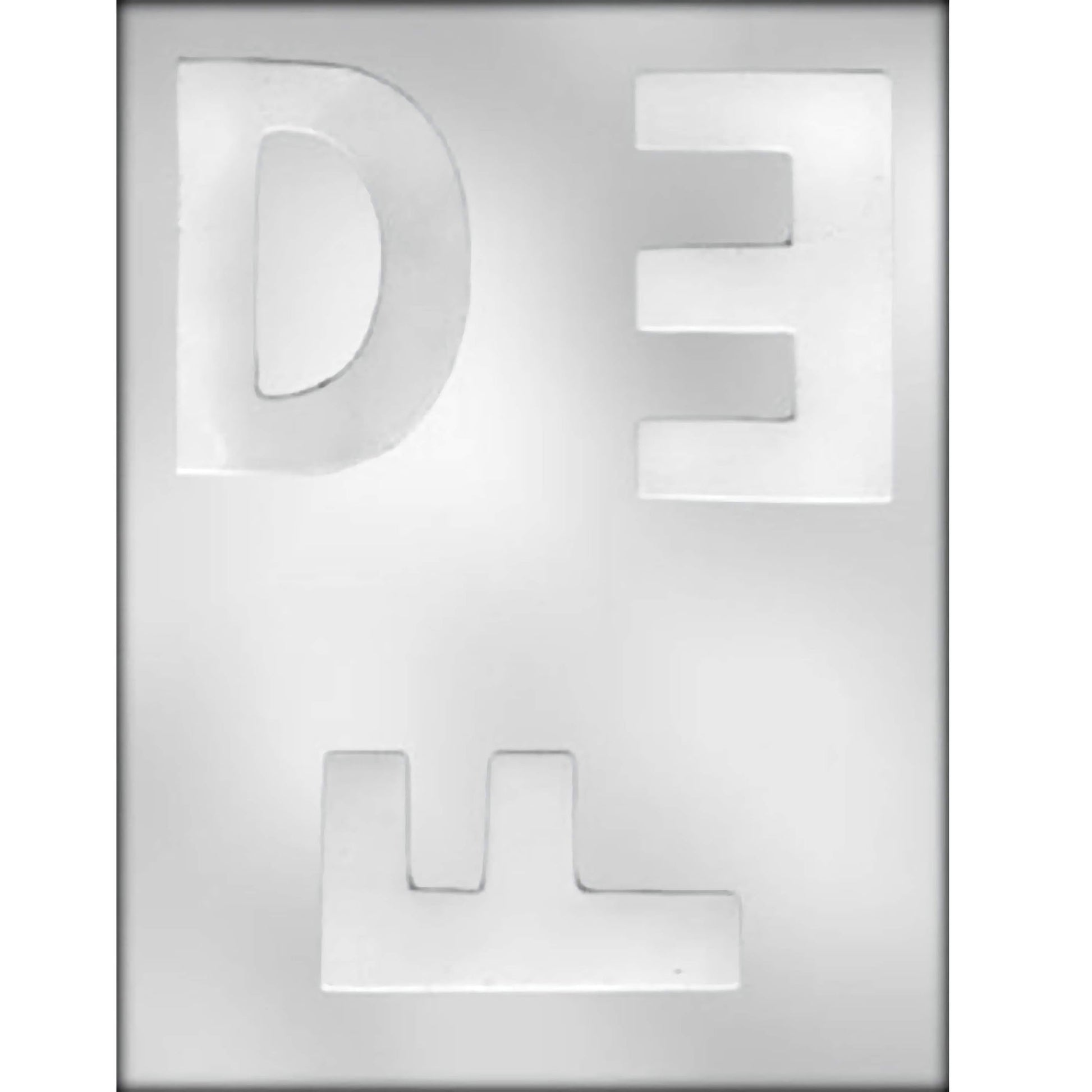 A clear plastic chocolate mold displaying the letters "D," "E," and "F" in bold uppercase font, designed for creating letter-shaped chocolates or fondant.