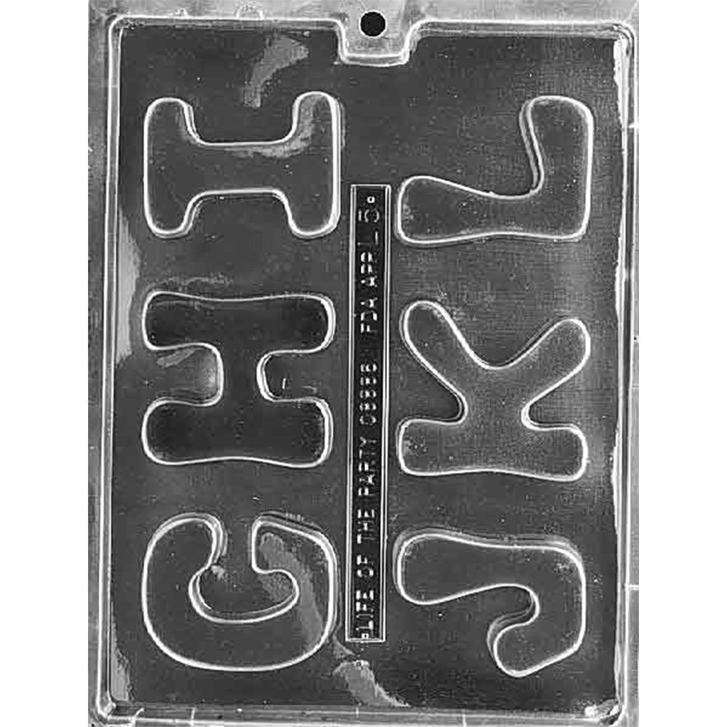 Clear six-cavity chocolate mold showing large block letters G, H, I, J, K, and L with smooth rounded edges, arranged on a glossy plastic sheet.