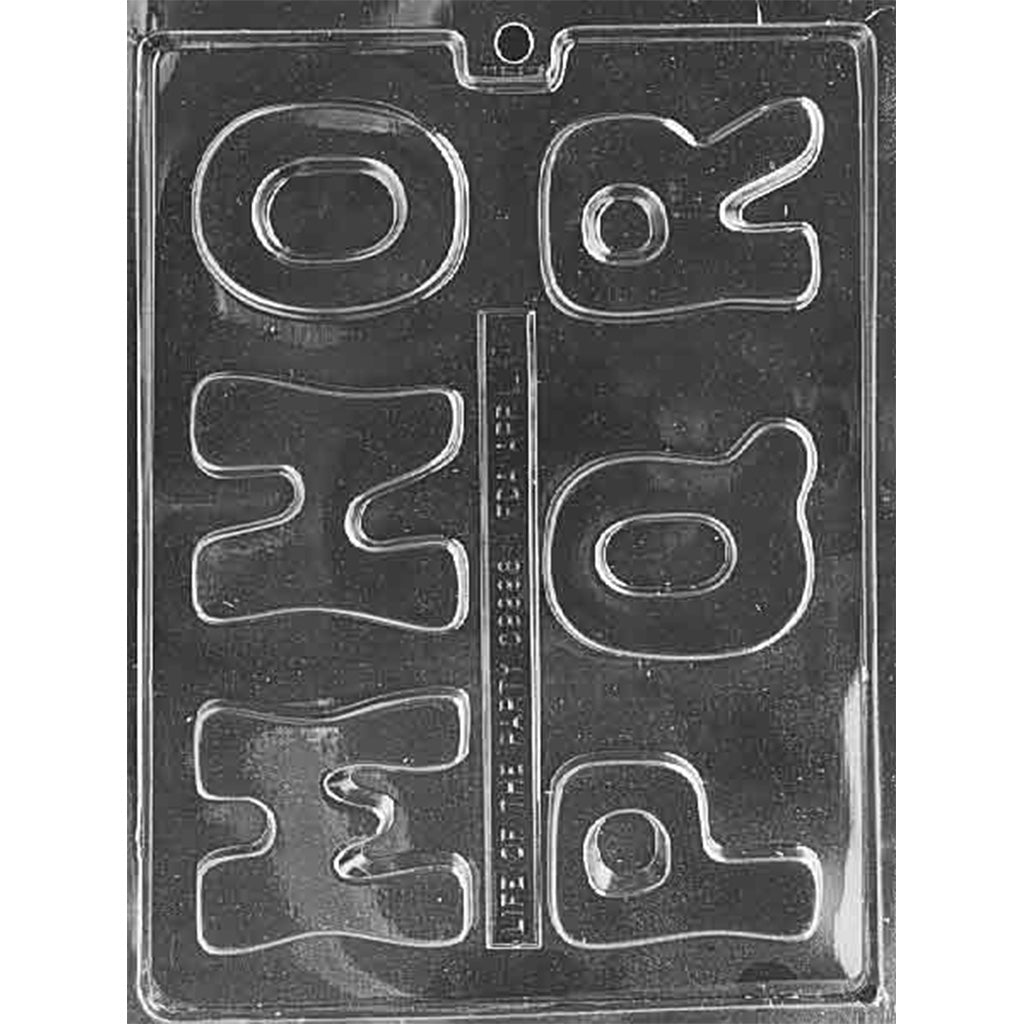 Clear six-cavity chocolate mold featuring large block letters M, N, O, P, Q, and R with rounded edges, arranged on a glossy plastic sheet against a dark background.