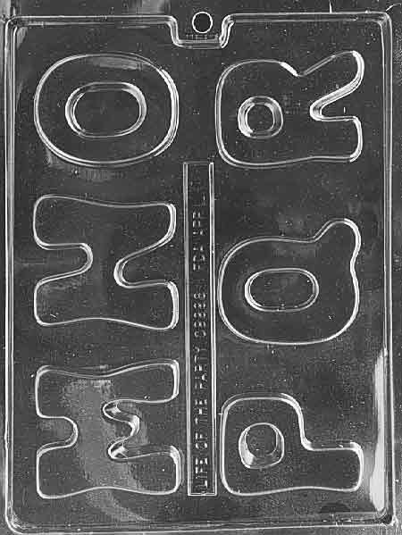 Clear six-cavity chocolate mold featuring large block letters M, N, O, P, Q, and R with rounded edges, arranged on a glossy plastic sheet against a dark background.