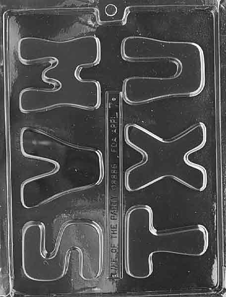 Clear six-cavity chocolate mold with large block letters S, T, U, V, W, and X, smooth rounded edges, arranged on a glossy plastic sheet against a dark background.
