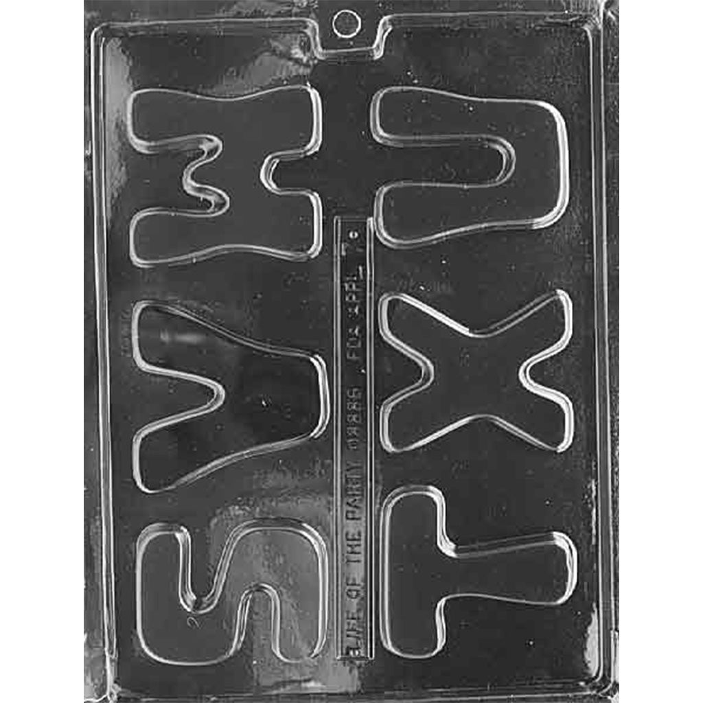 Clear six-cavity chocolate mold with large block letters S, T, U, V, W, and X, smooth rounded edges, arranged on a glossy plastic sheet against a dark background.