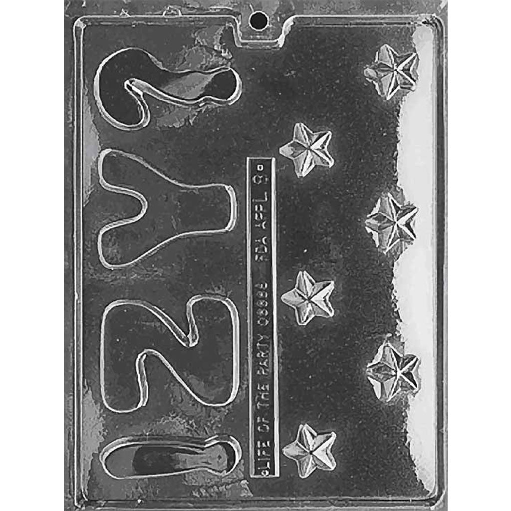 Clear chocolate mold showing large block letters Y and Z alongside multiple small five-point stars, arranged on a glossy plastic sheet against a dark background.
