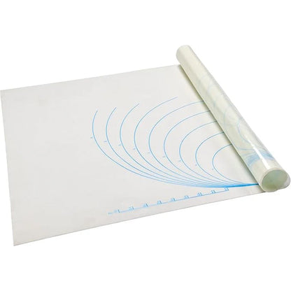 Large white silicone work mat shown partially rolled, with blue concentric measurement arcs and ruler markings printed along the edge.