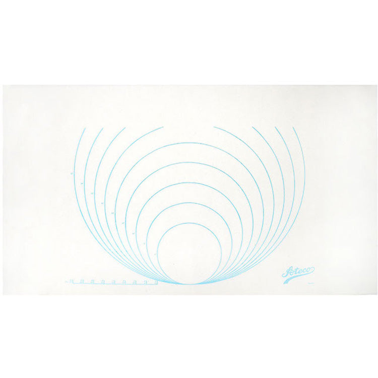 White Ateco silicone mat laid flat with blue concentric circles and measurement marks, designed as a rolling guide for fondant and dough.