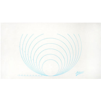 White Ateco silicone mat laid flat with blue concentric circles and measurement marks, designed as a rolling guide for fondant and dough.