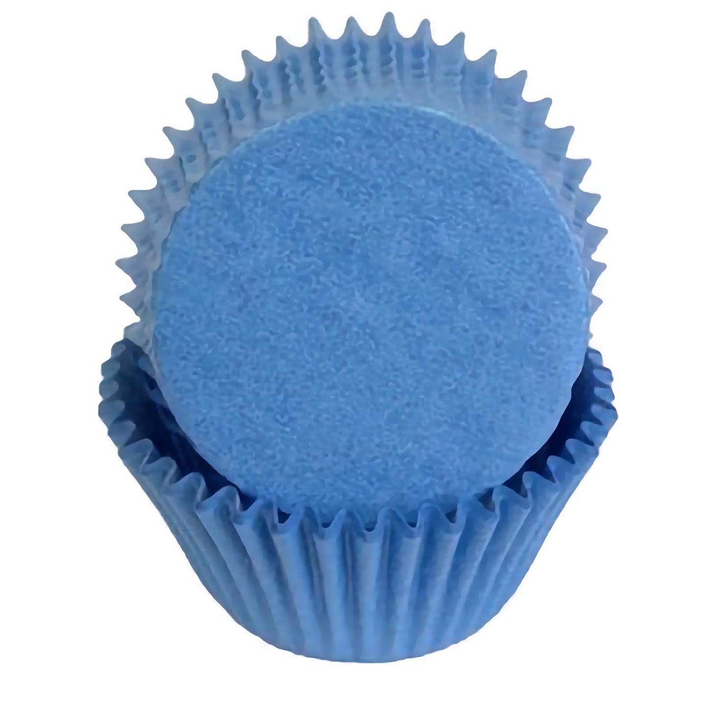 Standard-sized light blue greaseproof cupcake liners, stacked in a nesting arrangement. The soft light blue color and greaseproof design make these liners perfect for baby showers and other special occasions.