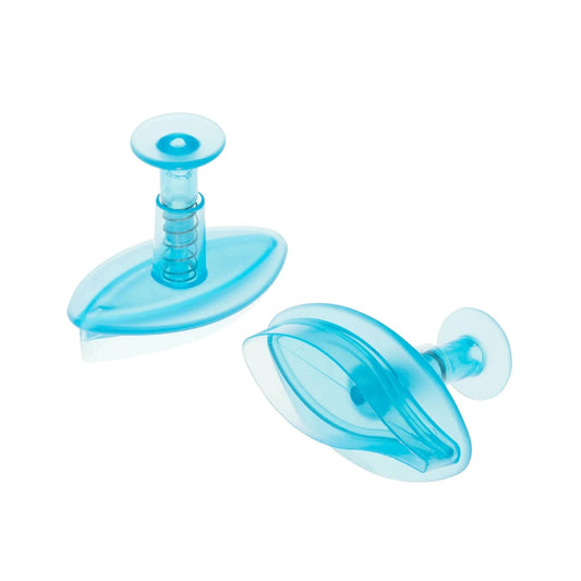 Set of two blue lily petal-shaped plunger cutters with spring-loaded handles.