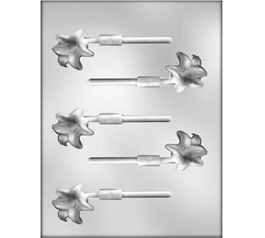 Lollipop chocolate mold with intricate lily flower designs, suitable for creating floral-themed sweets or party favors.