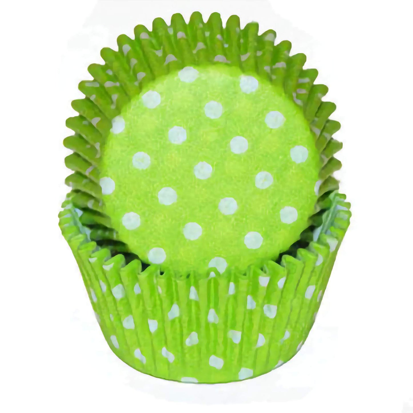 Lime green cupcake baking cup with white polka dots, displayed in a nested stack.