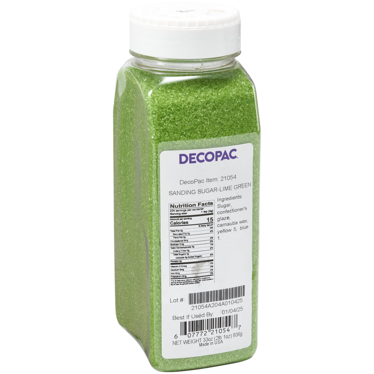 DecoPac Lime Green Sanding Sugar in a 33 oz clear plastic shaker container with white screw-on lid, filled with sparkling green sugar crystals, item #21054.