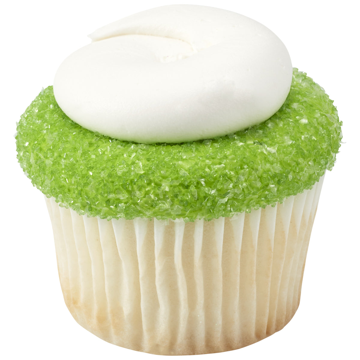 Vanilla cupcake in a white paper liner decorated with a thick coating of sparkling lime green sanding sugar and a large swirl of white buttercream frosting on top.